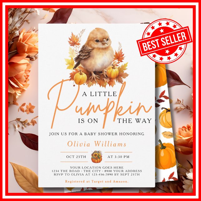 Invitation Un Petit Citrouille Automne CUTE OISEAU Baby showe (A Little Pumpkin is on the Way Fall Autumn CUTE BIRD Baby Shower Invitation)