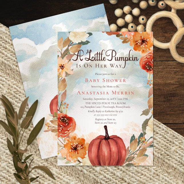 Invitation Un Petit Citrouille | Baby shower floral d'automne (A Little Pumpkin" Is On Her Way and it is so exciting!)