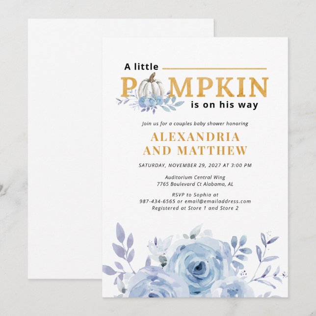 Invitation Un Petit Citrouille Blue Lilac Boys Baby shower Fl (Devant / Derrière)