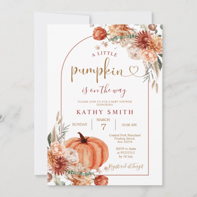Invitation Un Petit Citrouille Boho Arch Fall Flower Baby sho (Devant)