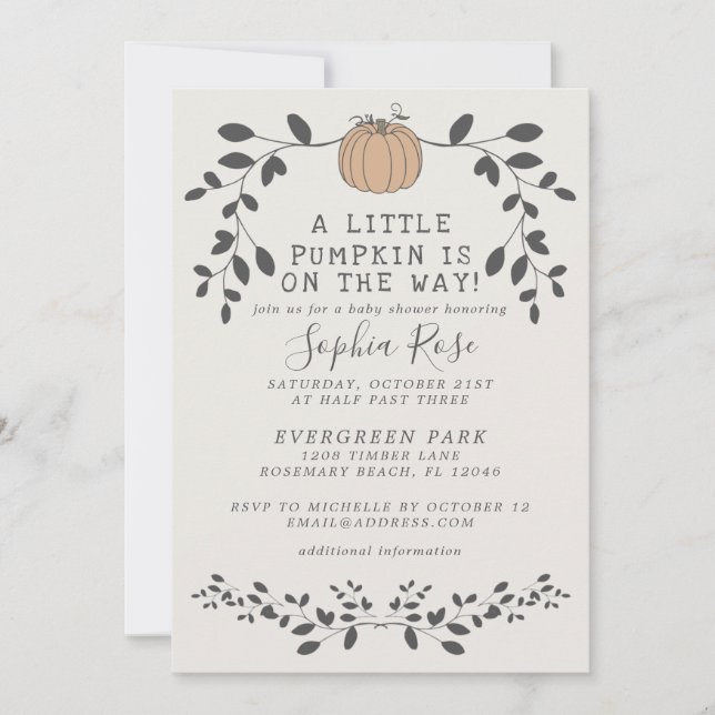 Invitation Un petit citrouille est en route baby shower neutr (Devant)
