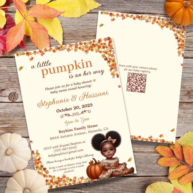 Invitation Un petit Citrouille est sur son chemin Afro Puff B (Celebrate your little pumpkin's arrival with this sweet Afro puff baby girl baby shower invitation!)