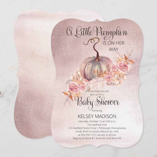 Invitation Un Petit Citrouille Fleurit Baby shower Rose (Devant / Derrière)