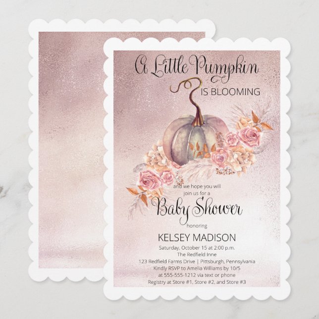 Invitation Un Petit Citrouille Fleurit Baby shower Rose (Devant / Derrière)