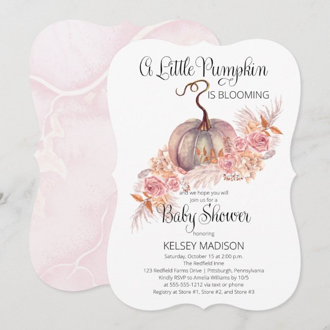 Invitation Un Petit Citrouille Fleurit Baby shower Rose Invi (Devant / Derrière)
