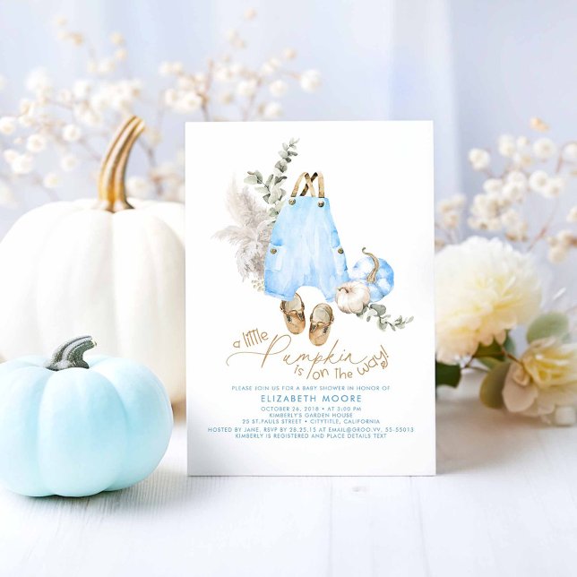 Invitation Un Petit Citrouille Se Trouve Sur Le Chemin Du Bab (A Little Pumpkin Is On The Way - Cute Blue Pumpkins and Baby Clothes Baby Shower Invitations)