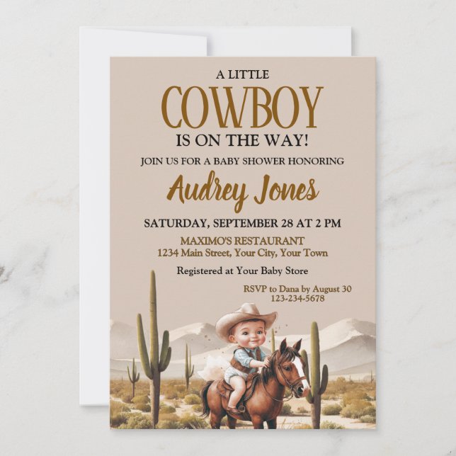 Invitation Un Petit Cow-boy Est Sur Le Chemin Du Baby shower (Devant)