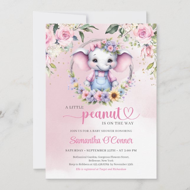 Invitation Un petit éléphant d'arachide douce rose pastel flo (Devant)