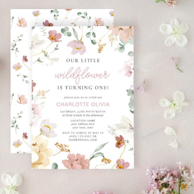 Invitation Un petit Fleur sauvage fête son anniversaire (Easily personalize this 1st Birthday Invitation with your details for a very special event)
