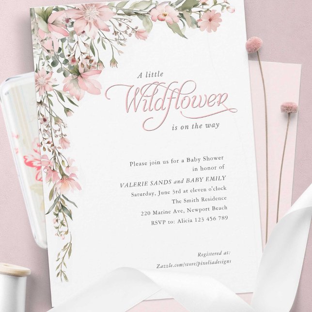 Invitation Un petit fleur sauvage Rose Floral Baby Girl Douch (Pink wildflower and elegant calligraphy style, Baby Girl shower invitation.)