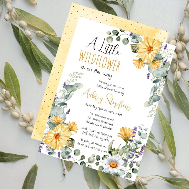 Invitation Un Petit Fleur sauvage Se Trouve Sur Le Chemin Du  (A Little Wildflower Is On The Way Daisies Eucalyptus and Lavender Floral Girl Baby Shower Invitation)