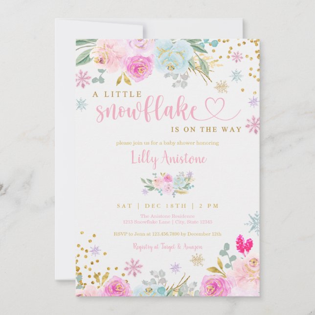 Invitation Un Petit Flocon De Neige Hiver Bébé Fille Douche (Devant)