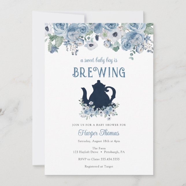 Invitation Un petit garçon brasse du thé Baby shower Invitati (Devant)