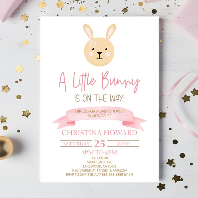 Invitation Un Petit Lapin Est En Route ! Baby shower rose (Créateur téléchargé)