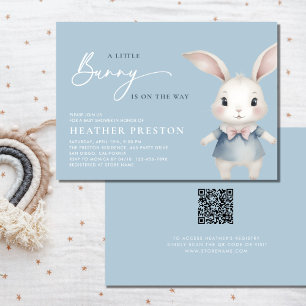 Invitation Un petit lapin garçon Dusty Baby shower QR bleu