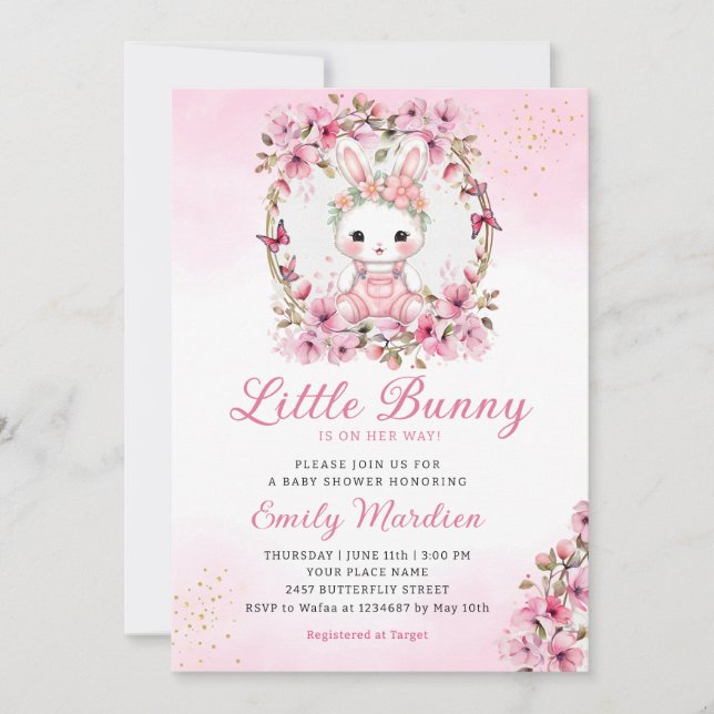 Invitation Un petit lapin mignon fille baby shower rose flora (Devant)