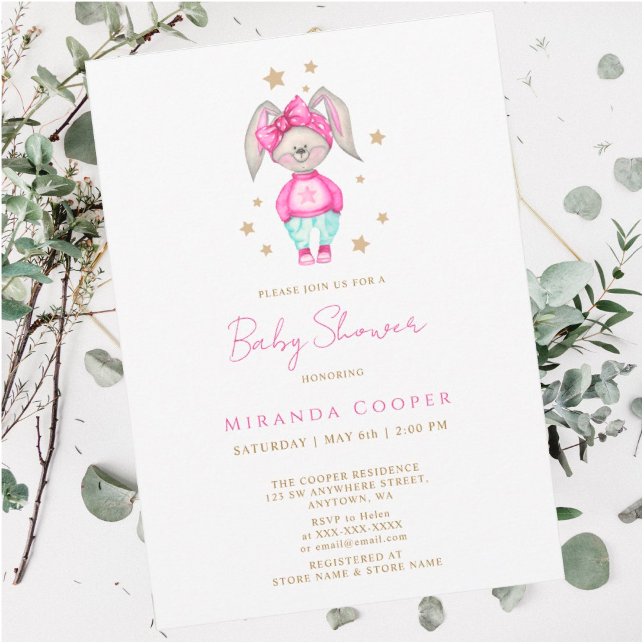 Invitation Un petit lapin rose baby shower fille Aquarelle (Créateur téléchargé)