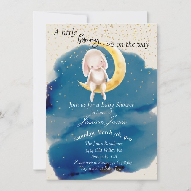 Invitation Un petit lapin Stars et Baby shower de lune (Devant)