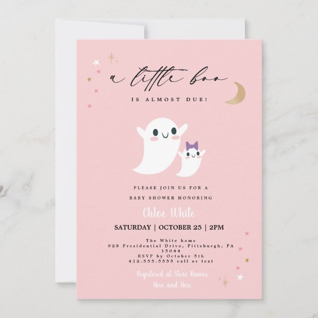 Invitation Un petit livre est presque dû à Ghost Baby shower (Devant)