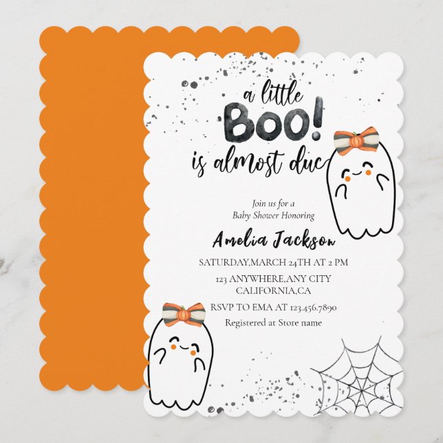 Invitation Un petit livre est presque dû Baby shower d'Hallow (Devant / Derrière)