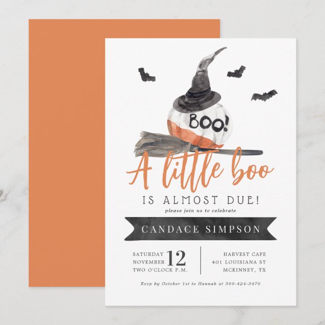 Invitation Un petit livre est presque dû Baby shower d'Hallow (Devant / Derrière)