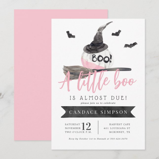 Invitation Un petit livre est presque dû Baby shower d'Hallow (Devant / Derrière)
