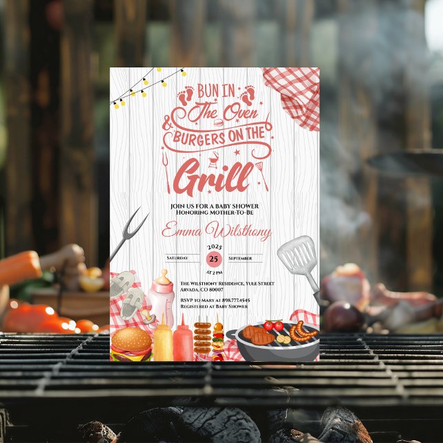 Invitation Un petit pain dans le four et les hamburgers Grill (Bun in the Oven and Burgers on the Grill BABY-Q fun saying quotes ^pink plaid for her summer coed )
