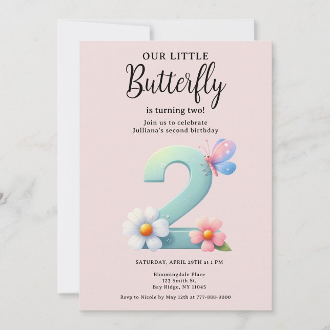 Invitation Un petit papillon 2e anniversaire mûre numéro Poli (Devant)