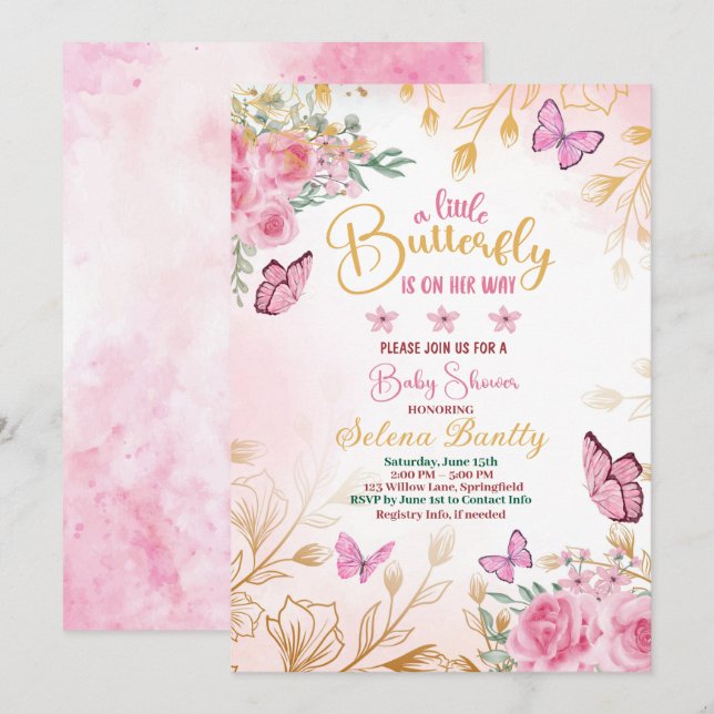 Invitation Un petit papillon baby shower fille aquarelle (Devant / Derrière)