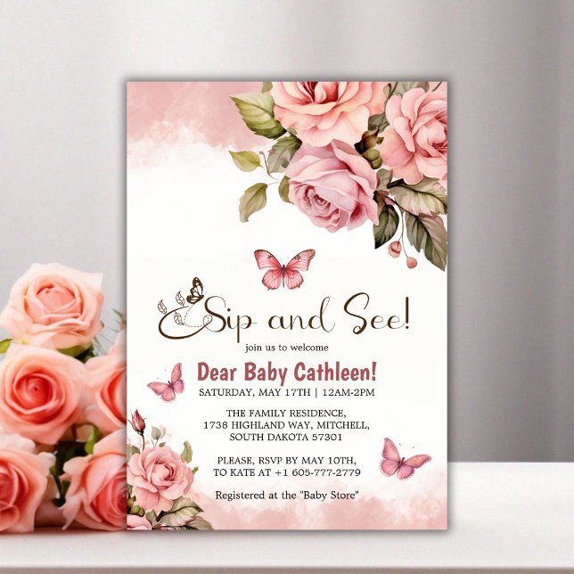 Invitation Un petit papillon Baby shower floral Sip et voir (A Little Butterfly Floral Baby Shower Sip and See Invitation)