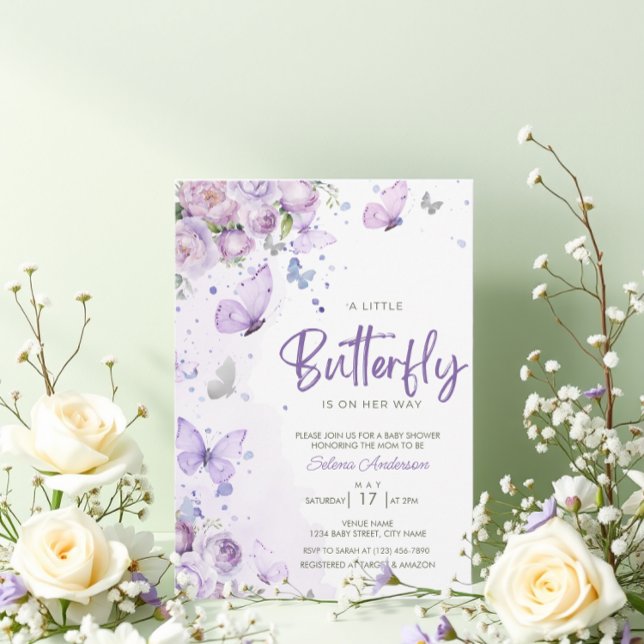 Invitation " Un Petit Papillon" Baby shower Floral violet (Créateur téléchargé)