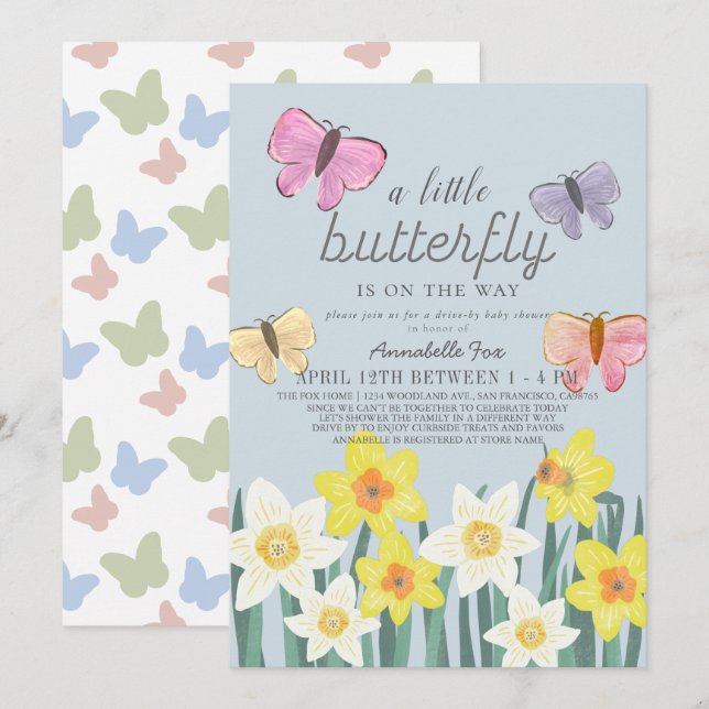 Invitation Un petit papillon Daffodil Baby shower Drive-by (Devant / Derrière)