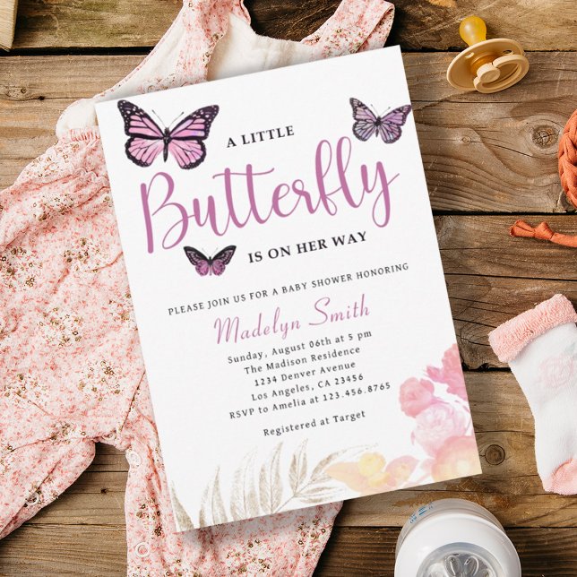 Invitation Un Petit Papillon Est En Chemin Baby shower Rose (A Little Butterfly Is On Her Way Pink Baby Shower Invitation)
