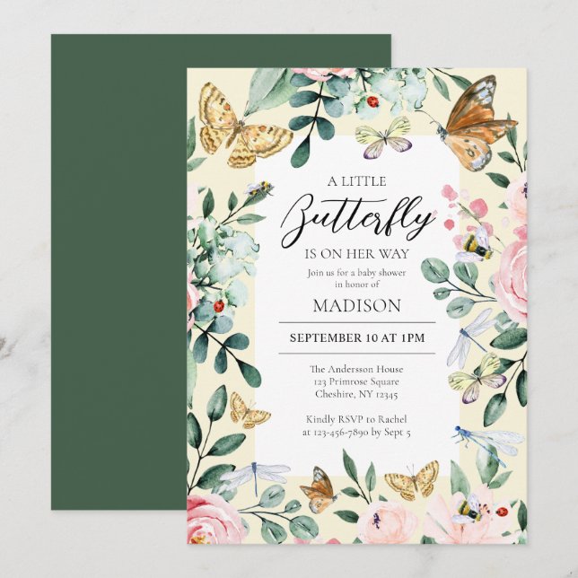 Invitation Un Petit Papillon Est En Chemin De Baby shower (Devant / Derrière)