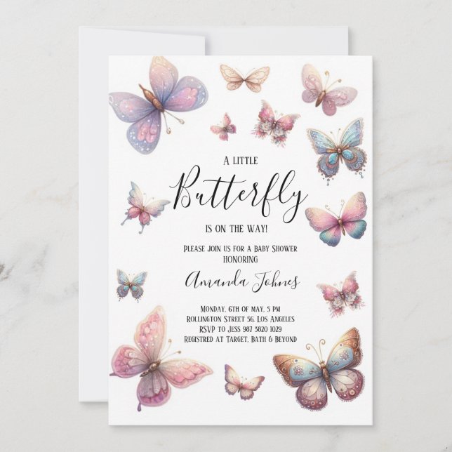 Invitation Un petit papillon est sur le chemin Baby shower ro (Devant)