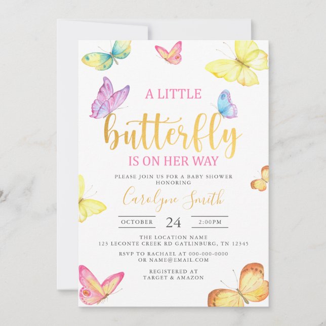 Invitation Un Petit Papillon Est Sur Son Chemin Baby shower O (Devant)