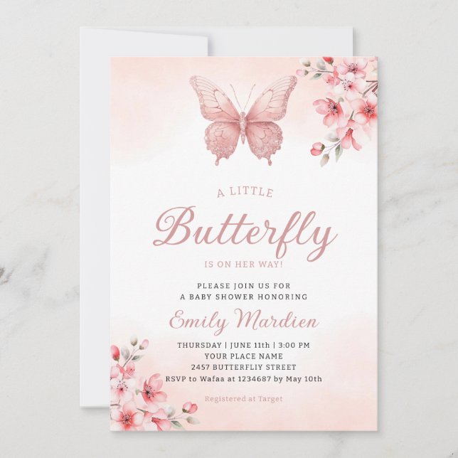 Invitation Un petit papillon mignon Boho rose fille baby show (Devant)