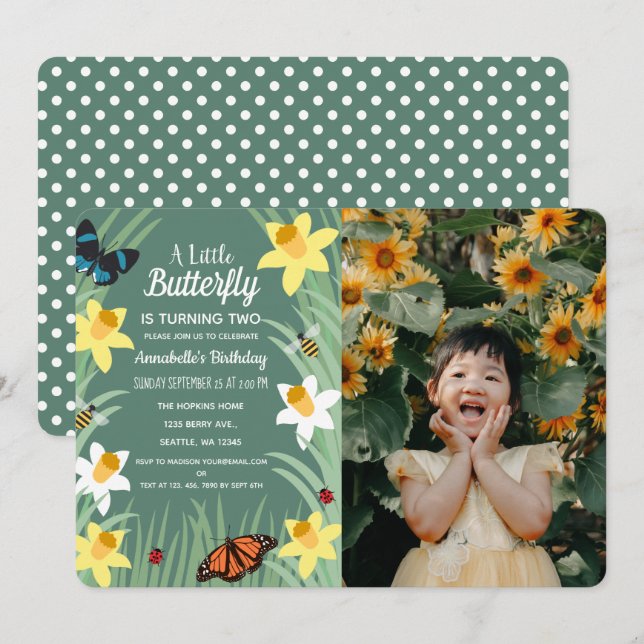 Invitation Un petit papillon Printemps Photo Anniversaire (Devant / Derrière)