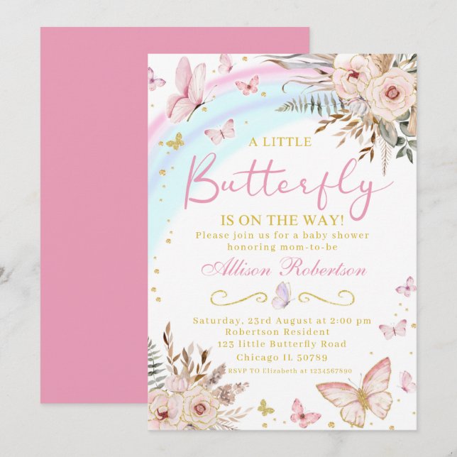 Invitation Un petit papillon sur le chemin Baby shower floral (Devant / Derrière)