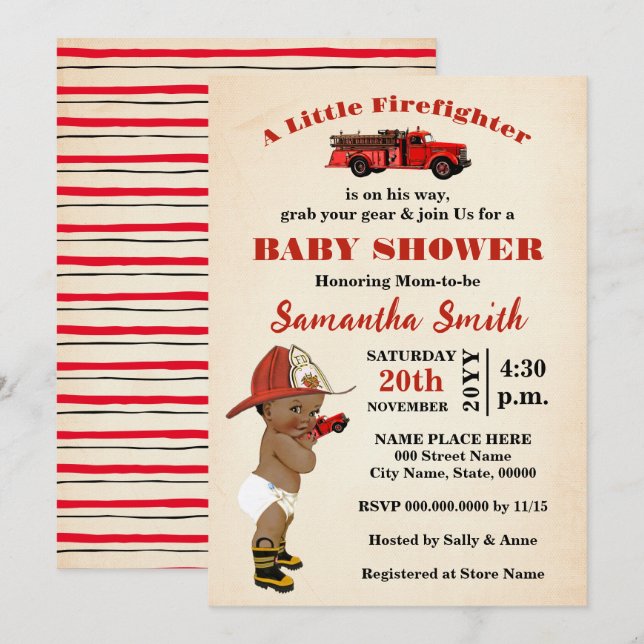 Invitation Un petit pompier est en route Un Baby shower (Devant / Derrière)