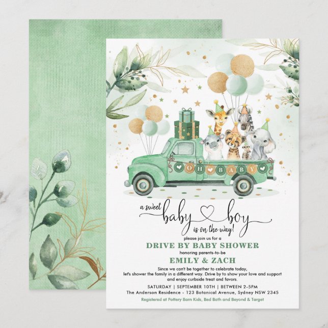 Invitation Un petit Safari vert à travers le Baby shower des  (Devant / Derrière)