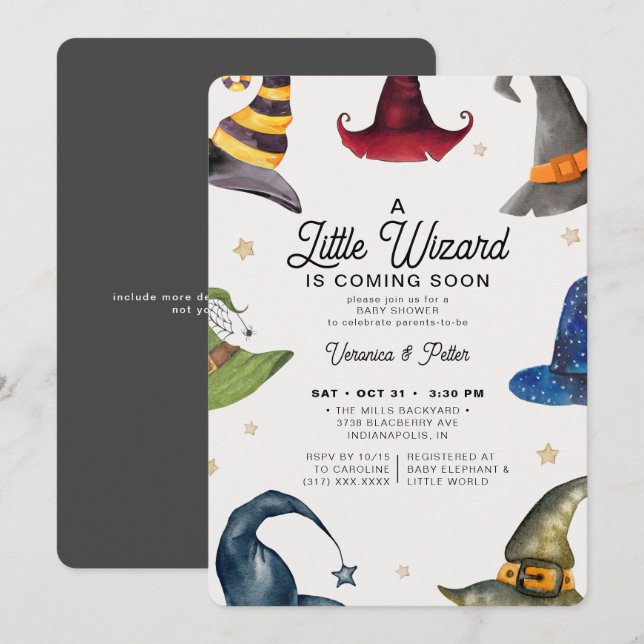 Invitation Un petit sorcier Baby shower d'Halloween gris (Devant / Derrière)