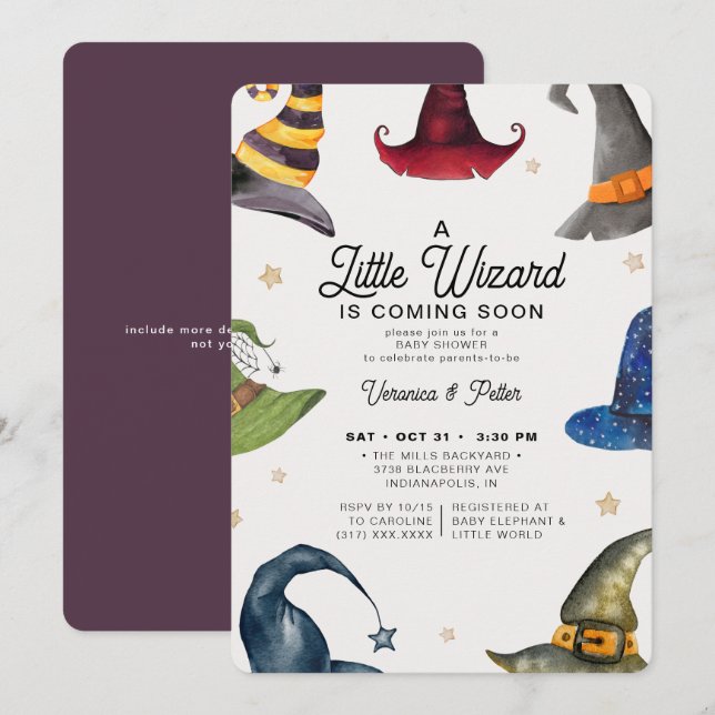 Invitation Un petit sorcier Baby shower d'Halloween violet (Devant / Derrière)