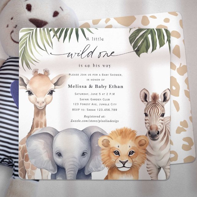 Invitation Un petit Wild One est en chemin Safari Baby shower (Wild One Safari Baby Animals, Baby BoyShower. A wild One is on Her way, A Cute Baby Shower invite.)