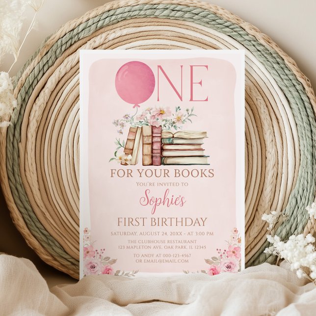 Invitation Un pour les livres Livre rose Premier anniversaire (Créateur téléchargé)