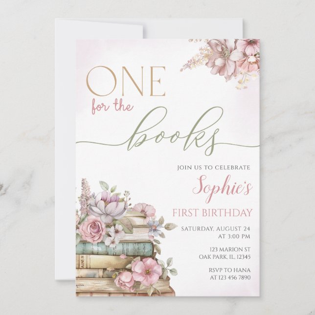 Invitation Un pour les livres Livre rose Premier anniversaire (Devant)