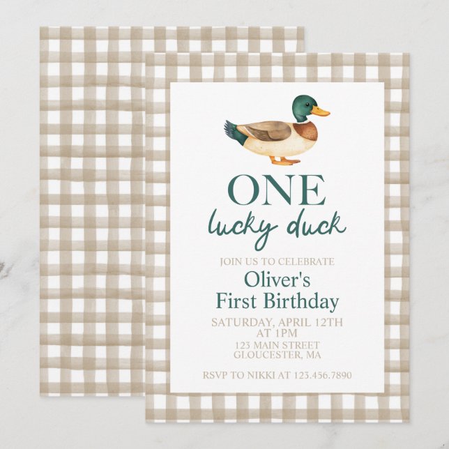 Invitation Un premier anniversaire de Lucky Duck (Devant / Derrière)