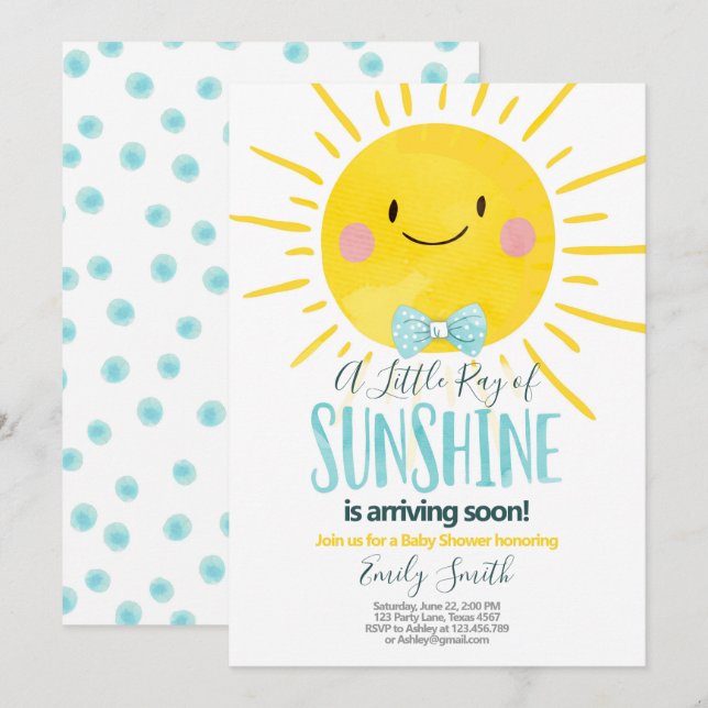 Invitation Un Rayon De Soleil Petit Garçon Baby shower Bleu (Devant / Derrière)
