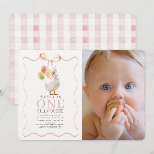 Invitation Un ruban rose d'oie soyeux Photo 1er anniversaire