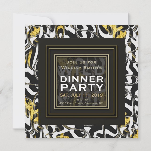 Invitation Un sauvage ! Black White Gold Dinner Party (Devant)